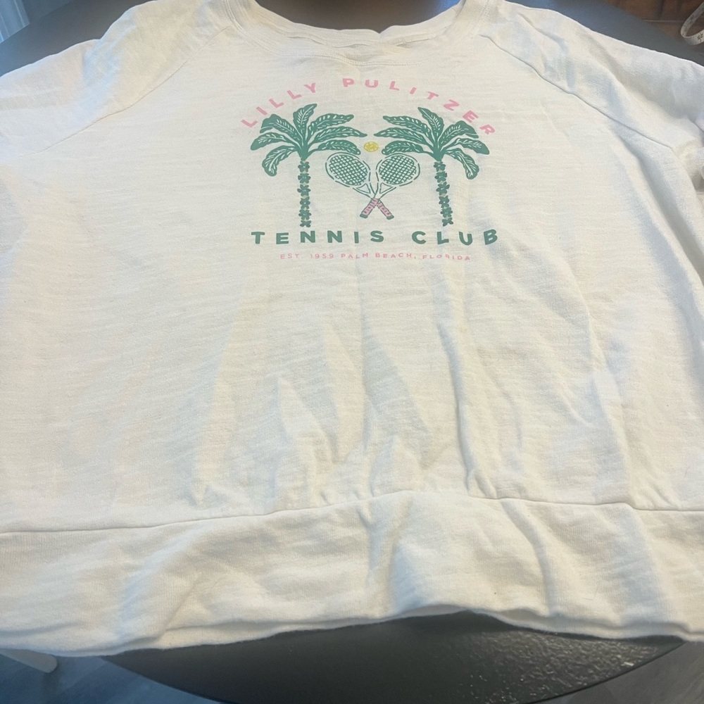 Luxe White Sweatshirt with Green Palm Tennis Graphic and Pink Accents